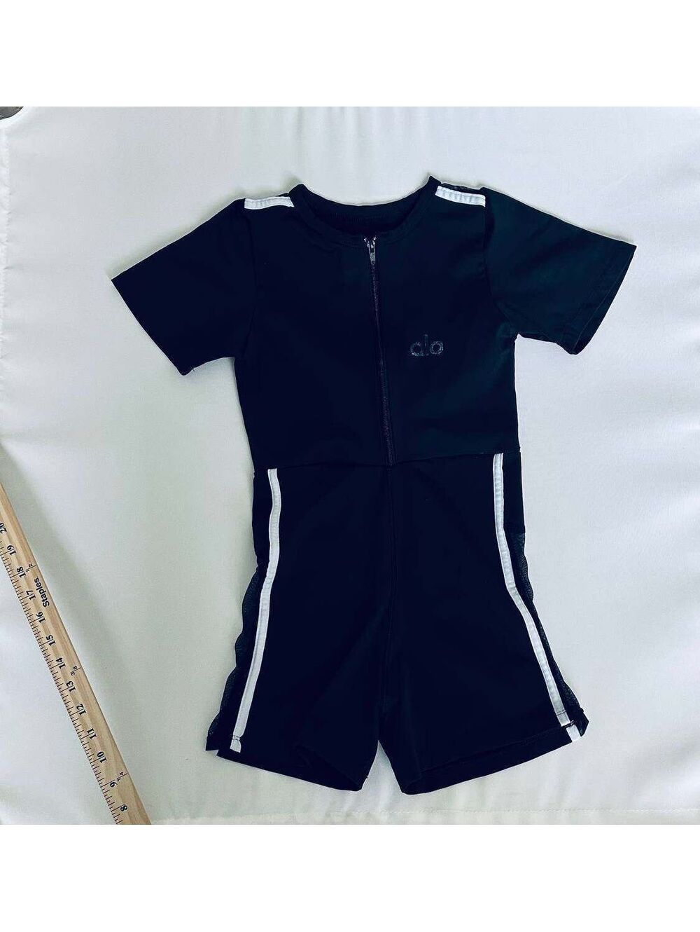 ALO Yoga Womens M Black Zip Romper White Stripe Sheer Mesh Side Panels